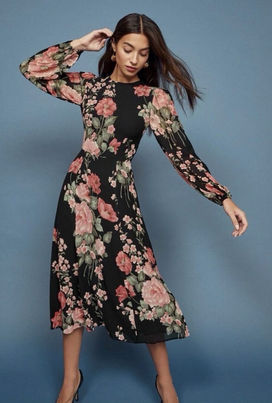 REFORMATION Louise Black Floral Puff Sleeve LUANNE Crepe Midi Dress Size 10 Y11